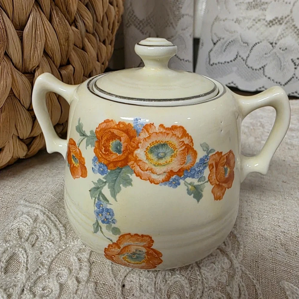 Hall's Vintage Poppy Floral Lidded Sugar Bowl Cream Orange - Picture 2 of 6